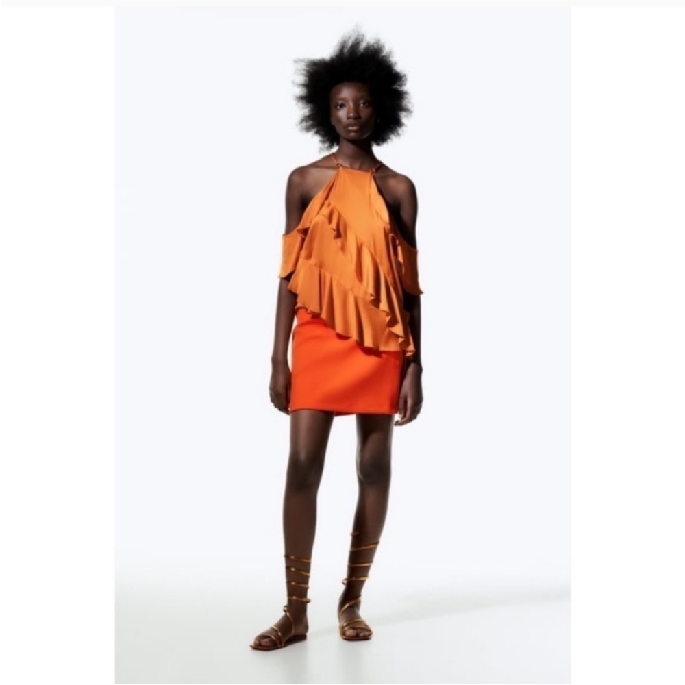 NEW Zara Orange Satin Ruffle Draped Off Shoulder Tank Top Blouse Small